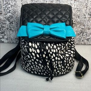 Betsey Johnson Mini Backpack Black White Spotted Quilted Teal Bow Drawstring